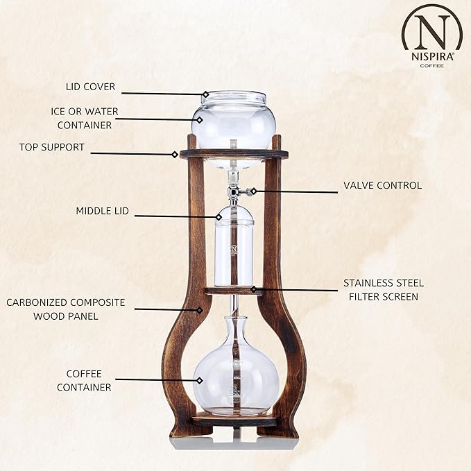 Nispira Iced Coffee Cold Brew Drip Tower Coffee Maker Wooden, 6-8 cup