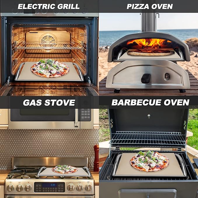 Skyflame 16” Rectangle Pizza Stone and Stainless Steel Rack with Handle, Heavy Duty Baking Stone Ideal for Most Charcoal/Gas Grills, Pizza Oven and Smoker