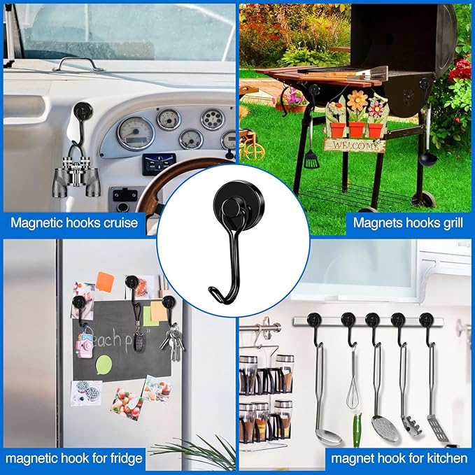 LOVIMAG Hooks, 40lbs+ Magnetic Magnet Hook 2025 Cruise Cabin Ship Essentials Heavy Duty Strong Refrigerator Fridge Hanging for Classroom Beach Vacation Kitchen Grills Home Mug Hanger (6 Pack), Black