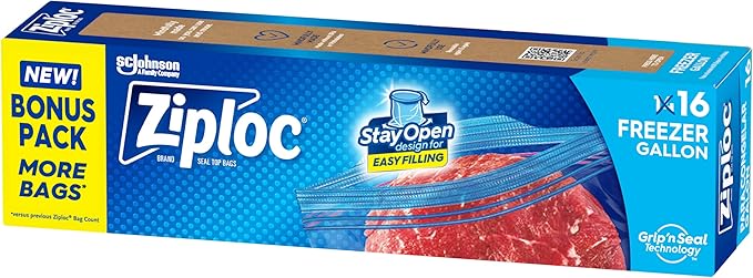 Ziploc Gallon Food Storage Freezer Bags, Stay Open Design, Easy to Fill, 16 count
