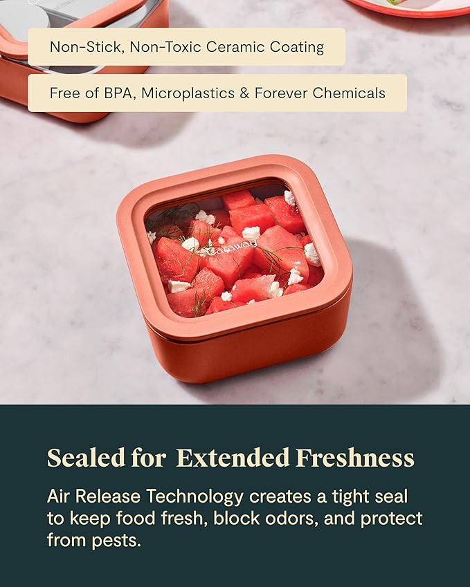 Caraway 2pc Glass Food Storage Set - 4.4 Cup Food Containers (2) - Ceramic Coated - Non Toxic, Non Stick Lunch with Lids - Dishwasher, Oven, & Microwave Safe - Gray