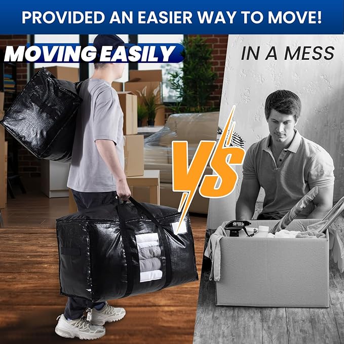 TAILI Extra Large Moving Bags, 2 Pack Black Heavy Duty Totes for Storage with Visible Window, Wrap Around Handles, Storage Bags for Space Saving, Alternative to Moving Boxes
