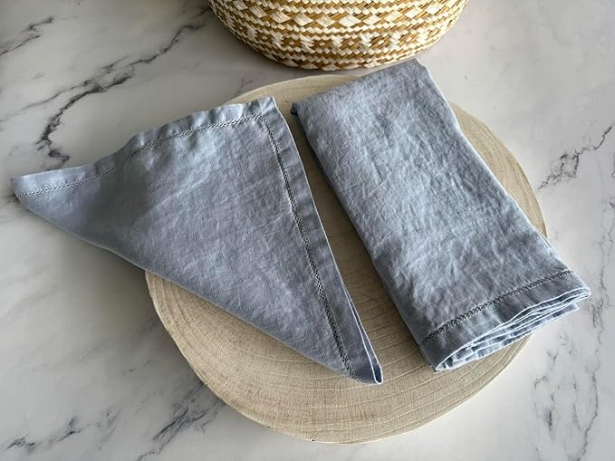 Hemstitched Linen Napkins – 20 Inch x 20 Inch – Stonewashed Pure Linen Cloth Dinner Napkins with Mitered Corners - 100% French Flax – Machine Washable - Set of 4 (Dusty Blue)
