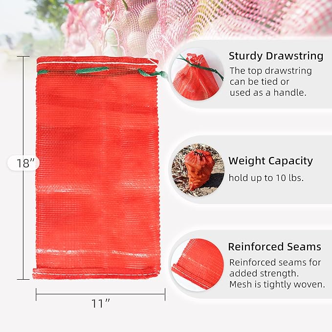 10 lb Mesh Onion Bags, 11"×18" Mesh Produce Bags Hanging Reusable Breathable Vegetable Storage Net Bag with Drawstring for Onions Potatoes Citrus Crawfish, Red (Pack of 10)