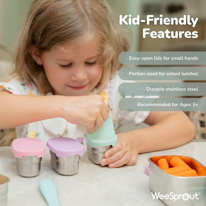 WeeSprout Stainless Steel Dip Containers with Leakproof Silicone Lids - 3 Pack - 2.7 Oz Reusable Snack & Sauce Cups - BPA-Free, Dishwasher & Freezer Safe Bento Box Lunch Boxes & Meal Prep Accessories