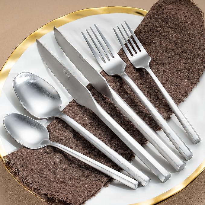 Silverware Set with Steak Knives,Zerophilo Flatware Set with Hexagon Handle 24 Pieces 18/0 Stainless Steel Cutlery Set for 4,Dishwasher Safe