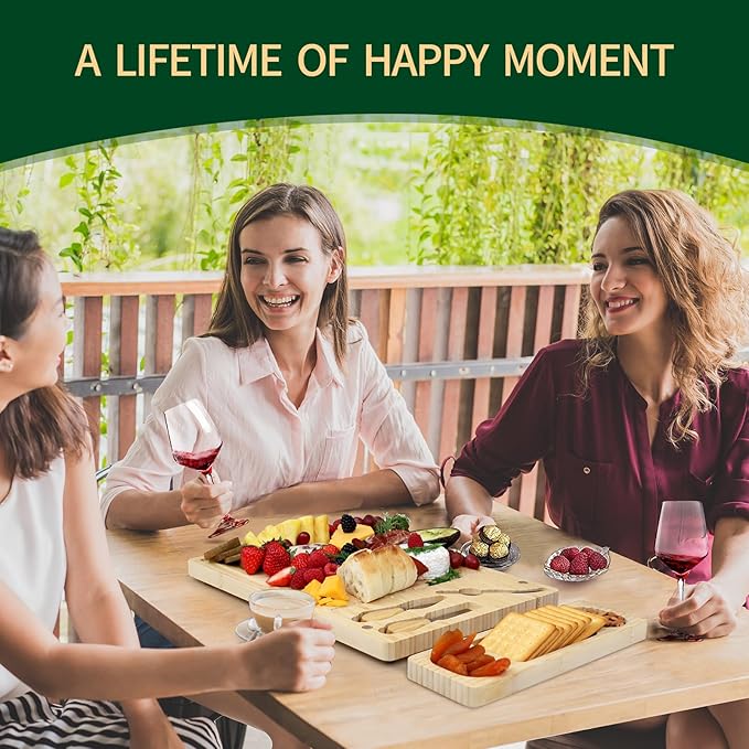 Premium Bamboo Charcuterie/Cheese Board Set – Wooden Serving Tray with Hidden Knife Storage – Cheese Knives & Forks - Perfect Bridal Shower, Housewarming, Anniversary, Mother's Day Gifts