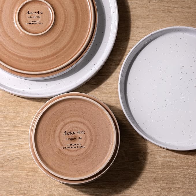 AmorArc Ceramic Dinnerware Set for 4 | Speckled Stoneware Plates and Bowls with unglazed terracotta | Scratch Resistant, Dishwasher & Microwave Safe Dishes Sets- 12-Pcs Milk White