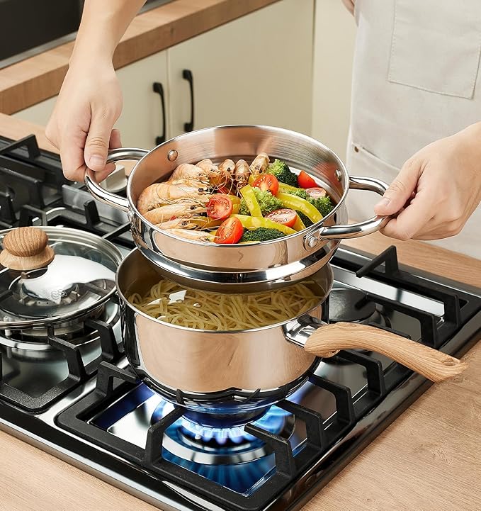 KOCH SYSTEME CS Stainless Steel Saucepan with Steamer Insert, Premium 18/10 Stainless Steel Pot 3 Quart with Cool-Touch Handle, 3 Quart Sauce Pan with Lid, Induction Compatible, Dishwasher Safe