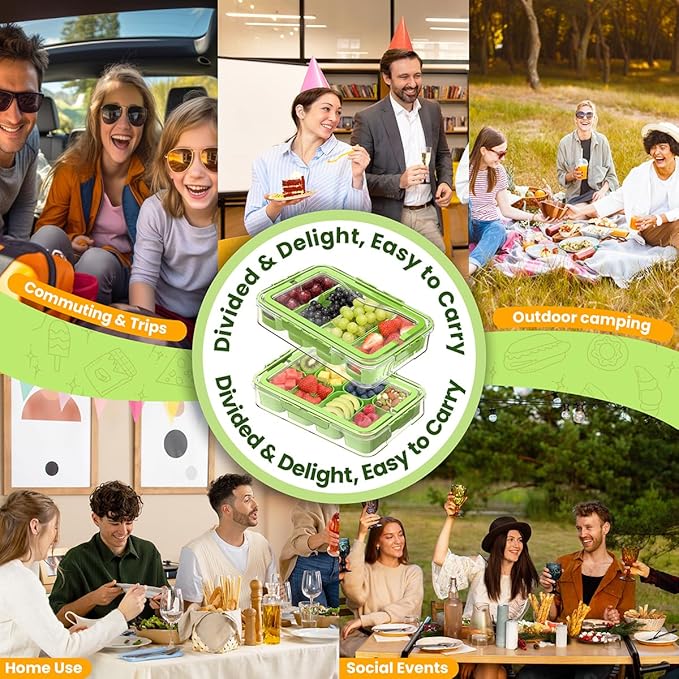 2 Pack Divided Serving Tray with Lid and Handle-Snackle Box Large Charcuterie Container for Portable Fridge Snack Platters-Reusable 8 Compartment Clear Storage Organizer(Green)