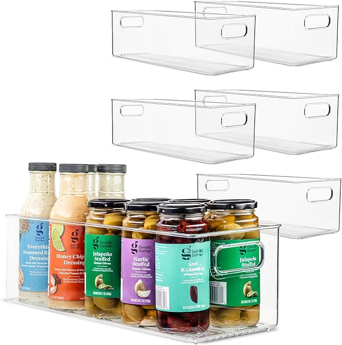 Plastic Food Storage 6 Pack Clear Container Bin with Handles for Organizing Kitchen, Pantry, Refrigerator, Freezer, Pantry, Cabinet, Closet, Bathroom. 16”x6”x5”