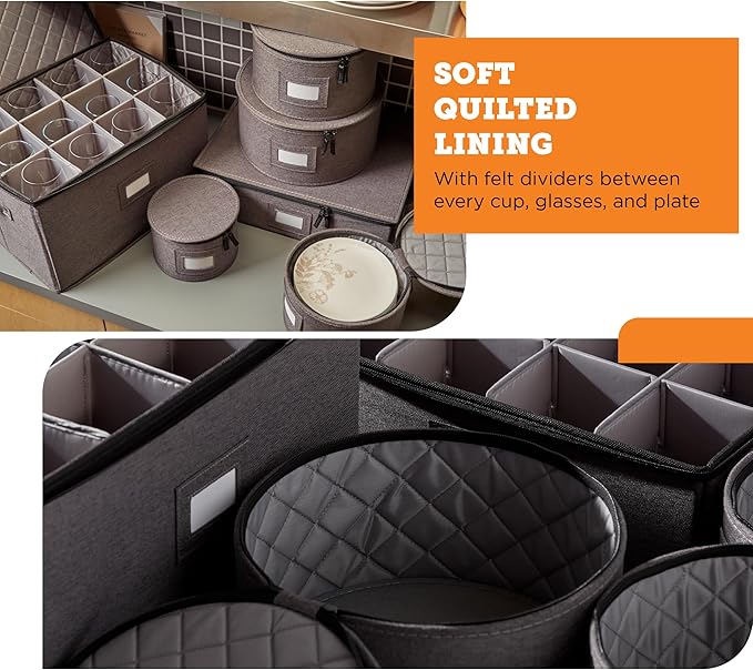 storageLAB China Storage Containers, Hard Shell Case with Felt Dividers for Charger Plates, and Dishes, Ideal for Kitchen Organization, Moving Supplies, and Fine China Storage - 6-Piece Set, Gray