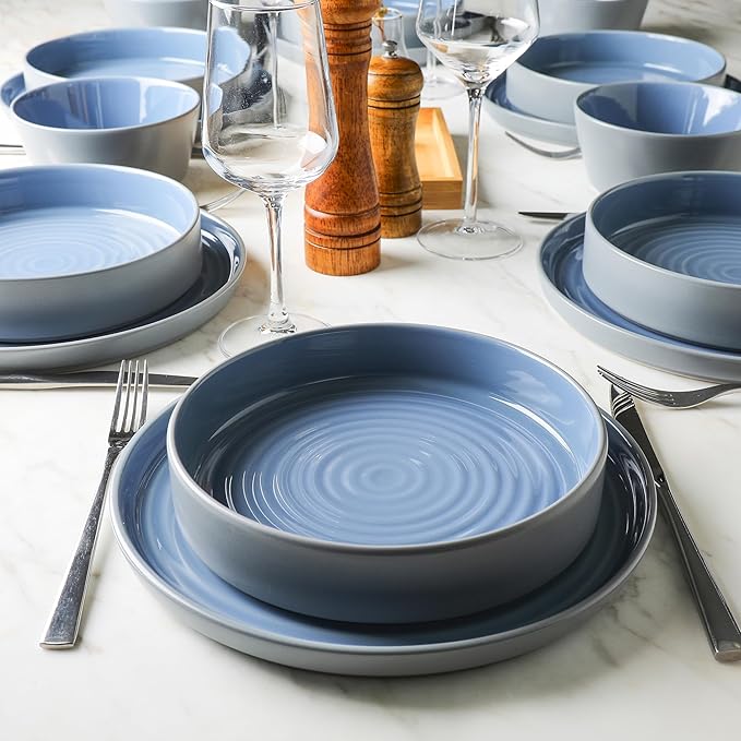 Stone Lain Elica 24-Piece Modern Dinnerware Set Stoneware, Plates and Bowl Sets for 8, Blue and Grey
