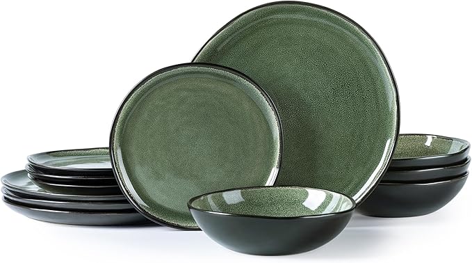 AmorArc Ceramic Dinnerware Sets,Handmade Reactive Glaze Stoneware Plates and Bowls Set,Highly Chip and Crack Resistant | Dishwasher & Microwave Safe Dishes Set,Service for 4 (12pc)
