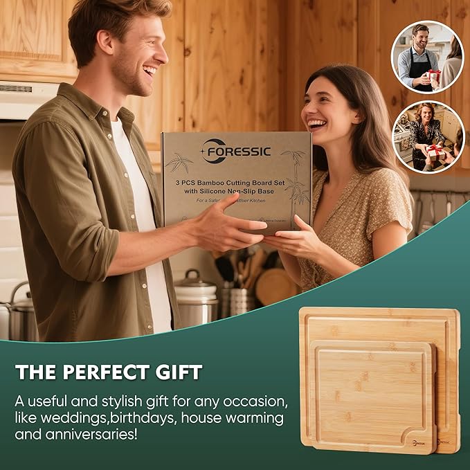 Wood Cutting Board Set Non Slip Feet Over Sink Natural Bamboo Set With Smooth Surface Knife-Friendly and Easy Storage Set of 2 Medium - Small Serving Kitchen Gadgets (Natural)