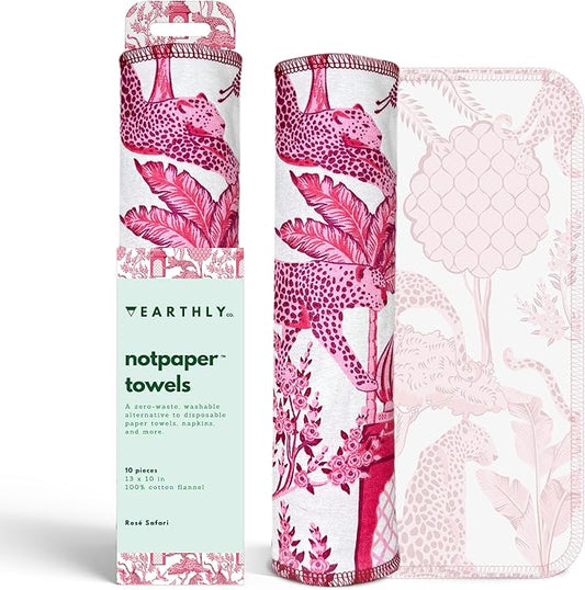 Reusable Paper Towels - 10 Pack - Roll of Washable Cotton Cloth Paper Towels - Paperless Reusable Napkins Cloth Washable - Absorbent + Long Lasting - Zero Waste Products - (Rosé Safari)