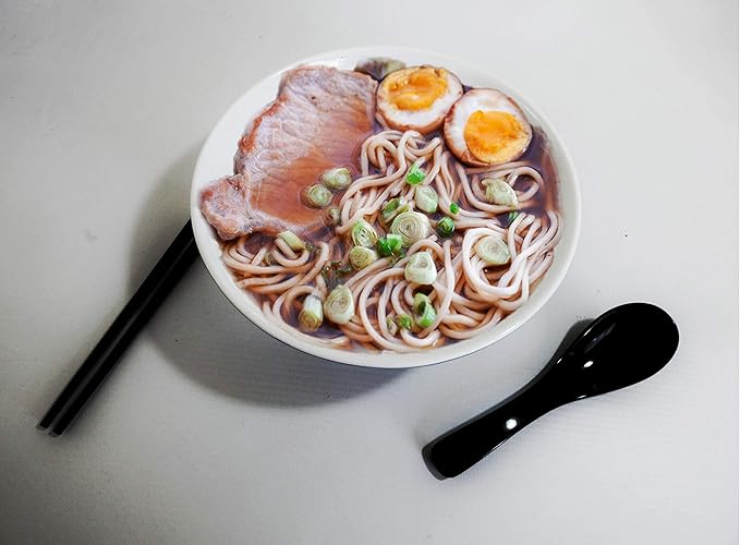 4 Ramen Bowls, 12 pieces Pho set. Gray White Asian Japanese soup. Utensil: Spoons And Chopsticks kit. Melamine. Large 37 oz. Noodles, Rice, Udon, Thai, Chinese, Korean, Wonton, Miso.