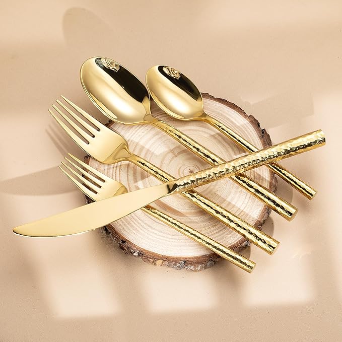Hammered Gold Silverware Set,Zerophilo Flatware Set 20 Pieces 18/10 Stainless Steel Cutlery Set for 4 Mirror Polished,Dishwasher Safe