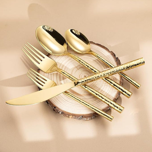 Hammered Gold Silverware Set,Zerophilo Flatware Set 20 Pieces 18/10 Stainless Steel Cutlery Set for 4 Mirror Polished,Dishwasher Safe