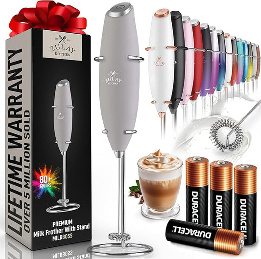 Zulay Kitchen Powerful Milk Frother Wand With 4 AA Duracell Batteries - Ultra Fast Handheld Drink Mixer - Electric Whisk Foam Maker for Coffee, Lattes, Cappuccino, Matcha & Creamer