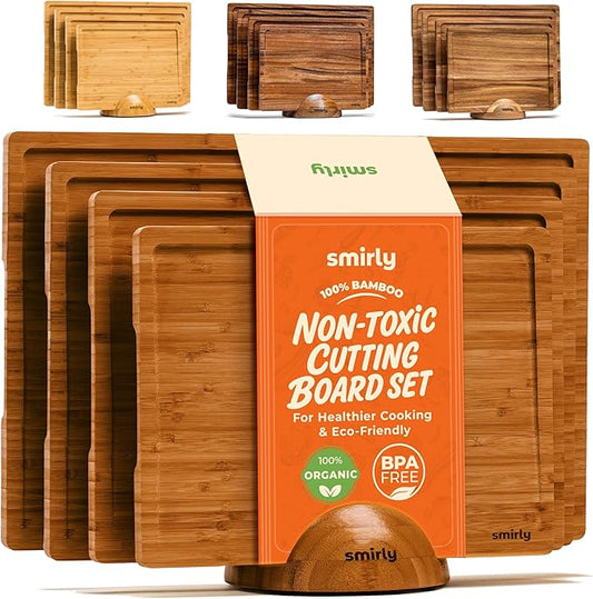 SMIRLY Bamboo Cutting Boards, Brown Bamboo Wood Cutting Board for Kitchen, Set of 4 with Holder & Deep Juice Groove, Butcher Block for Chopping Meat, Charcuterie Cheese Serving Tray, Kitchen Gadgets