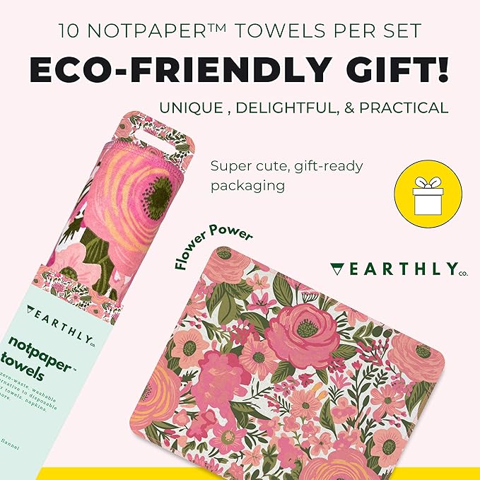 Reusable Paper Towels - 10 Pack - Roll of Washable Cotton Cloth Paper Towels - Paperless Reusable Napkins Cloth Washable - Absorbent + Long Lasting - Zero Waste Products - (Flower Power)