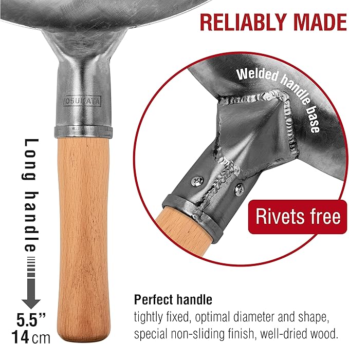 YOSUKATA 14” Round Bottom Carbon Steel Woks and Stir Fry Pans – Unseasoned Pow Wok for Stir Fry, BBQ & Camping – Hand-Hammered Traditional Japanese and Chinese Pan – Gas Stove, Open Fire Only