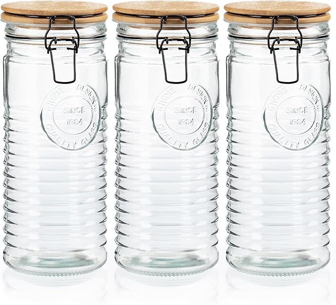 kitchentoolz Glass Storage Canister with Airtight Clasp Lids - Set of 3 Mason Jar Storage Containers for Cereal, Coffee & Rice - 56 Ounce Pantry Organizing Canister Set