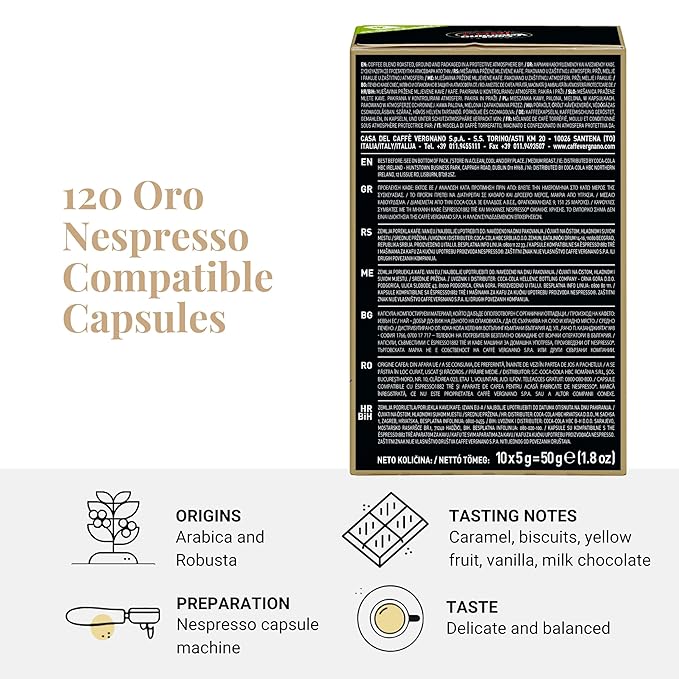 Caffe' Vergnano 1882 120 Count Oro Original Line Machine Compatible, Compostable Expresso Capsules, Arabica Medium Roast Coffee Pods with notes of Vanilla and Milk Chocolate, Intensity 4/10