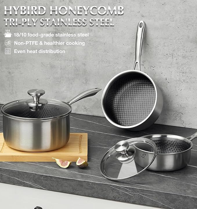 KOCH SYSTEME CS Hybrid Nonstick Stainless Steel Sauce Pan 3QT, Tri-ply Stainless Steel Pot with Honeycomb Interior, Hybrid Sauce Pan with Lid, 18/10 Steel Pot, Induction Compatible