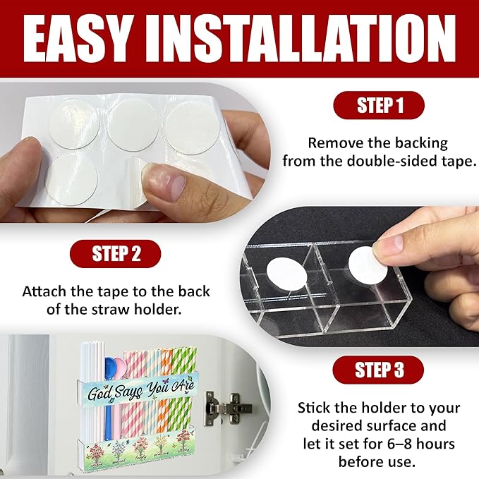 Acrylic Straw Holder for Cabinet Door or Countertop - Clear Organizer & Dispenser with Stickers for Reusable Tumbler Straws, Space-Saving Kitchen Accessories Container, Cupboard Storage