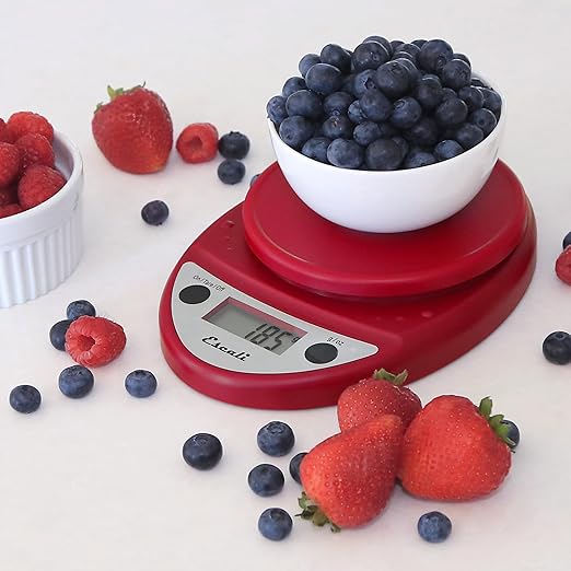 Escali Primo Digital Food Scale Multi-Functional Kitchen Scale and Baking Scale for Precise Weight Measuring and Portion Control, 8.5 x 6 x 1.5 inches, Warm Red