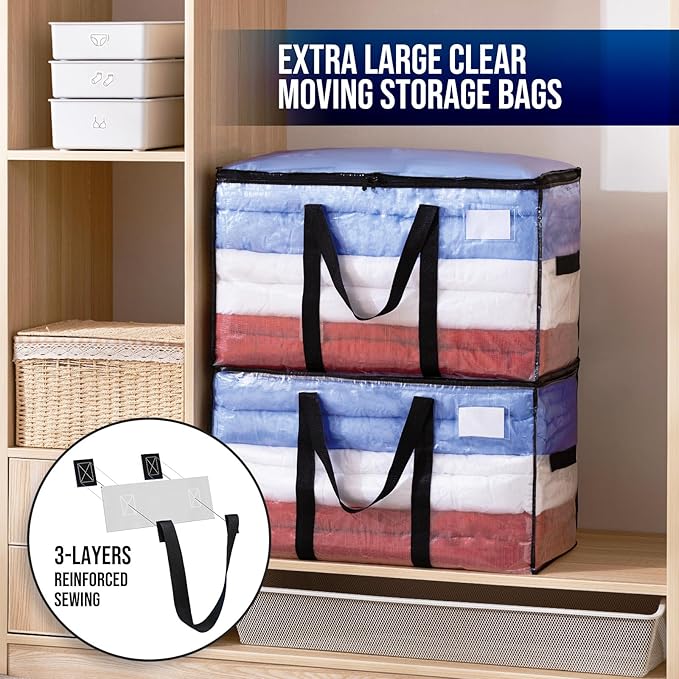 TAILI Extra Large Moving Bags, 2 Pack Clear Heavy Duty Totes for Storage with Visible Window, Wrap Around Handles, Storage Bags for Space Saving, Alternative to Moving Boxes