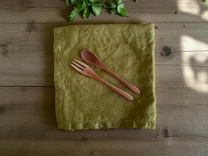 Hemstitched Linen Napkins – 20 Inch x 20 Inch – Stonewashed Pure Linen Cloth Dinner Napkins with Mitered Corners - 100% French Flax – Machine Washable - Set of 4 (Olive Green)
