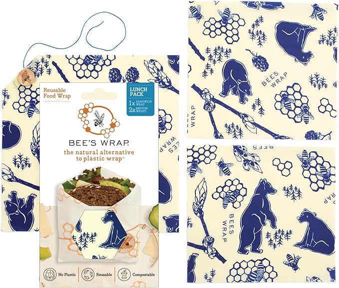 Bee's Wrap Beeswax Wraps for Food - Bees + Bears 3 Pack (2M 1 Sandwich) Made in USA Reusable & Organic Food Wraps, Sandwich Wrap - Eco-Friendly Alternative to Aluminum Foil & Plastic Wrap
