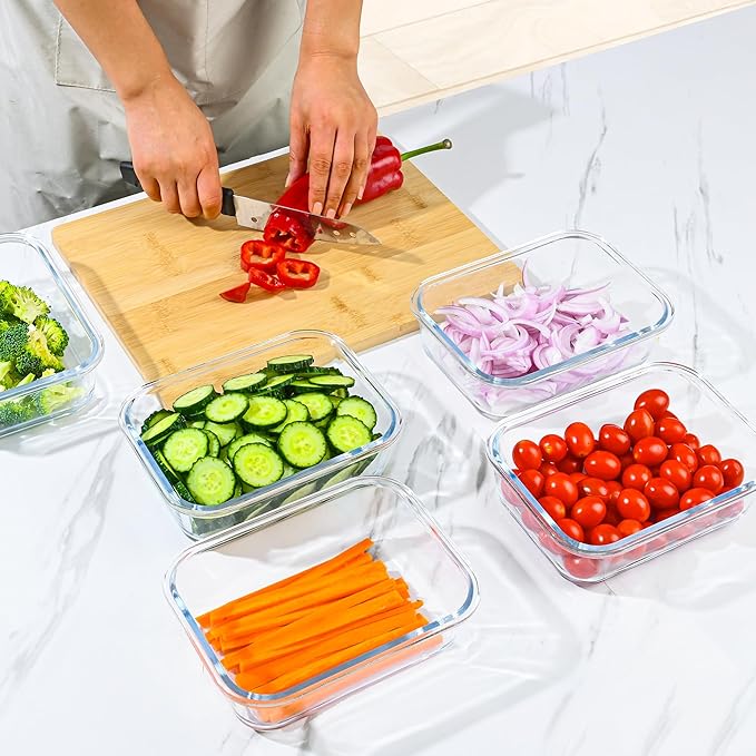 GEHE 5 Pack 36 Oz Glass Food Storage Containers with Lids, Glass Meal Prep Containers, Kitchen Airtight Lunch Storage Containers with Lids, Safe for Freezer, Oven, Dishwasher, BPA Free