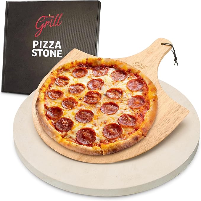 HANS GRILL PIZZA STONE | Circular Pizza Stone For Oven Baking & BBQ Grilling With Free Wooden Peel | Extra Large Round 15" Inches Diameter (38CM) Durable Cordierite Cooking Stone.