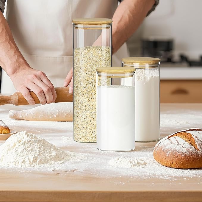 Glass Storage Containers with Airtight Bamboo Lids Set of 3,Pantry Food Glass Jar with Lid,Perfect for Kitchen Organization-Flour,Rice,Pasta,Sugar,Coffee Beans,Accessories Included (3 packs(68oz))