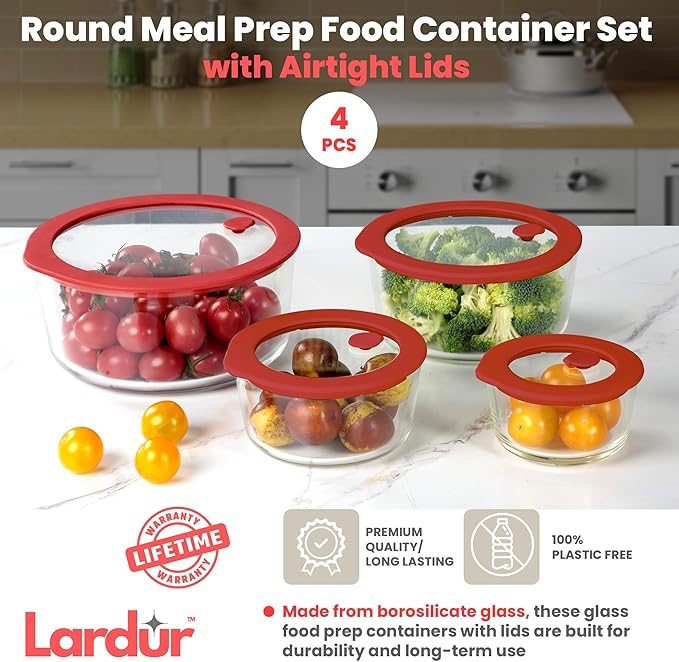 Glass Food Storage Containers with Glass Lids 4 Pack - Round Meal Prep Food Container Set with Airtight Lids - Microwave & Dishwasher Safe, 100% Plastic Free, Vented, Gift Packaged, Red Color