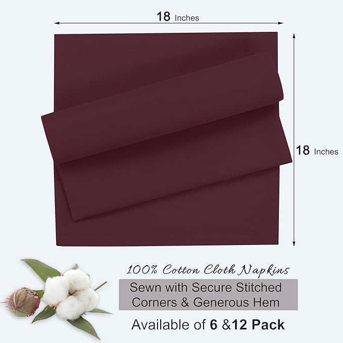 Ruvanti Cloth Napkins Set of 12, 18x18 Inches, 100% Cotton, Washable, Soft & Absorbent, Perfect for Wedding, Christmas, ‎Thanksgiving Dinners - Burgundy