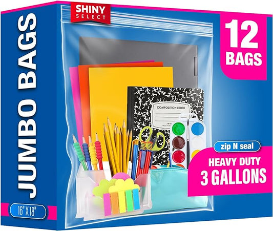 Extra Large Plastic Storage Bags With Zipper Top 3 Gallon 16" x 18" Jumbo Size Bag Heavy Duty 3 Mil Thick Clear X-Large Big Zip Bags for Food Freezer Clothes Travel Moving (12)