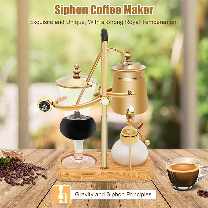 JOMCYDM Balance Syphon Coffee Maker Elegant Unique Belgian Machine for Coffee and Tea Easy to Clean Integrated Filter Gold Accents Decorative Design Best Tasting Coffee Espresso Brewer