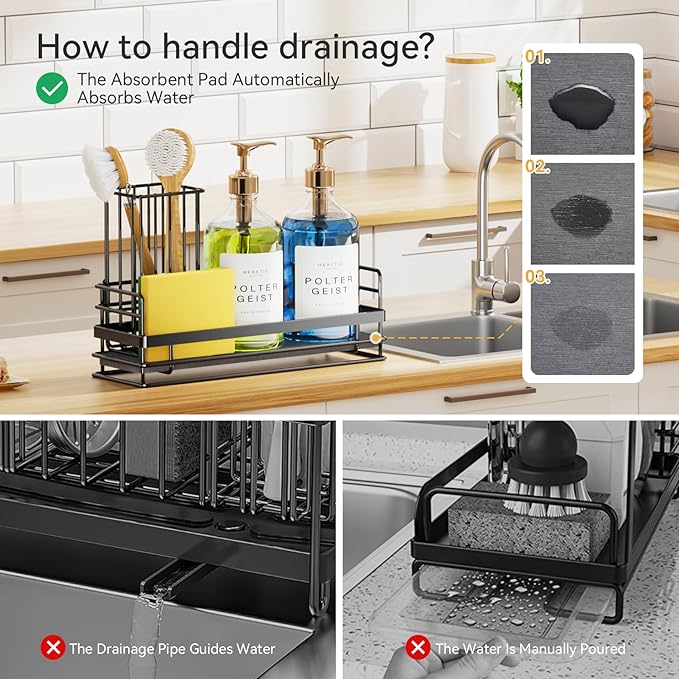 Yofidra Sink Caddy with Stone Drying Tray: Stainless Steel Soap Dispenser Kitchen Sink Organizer Set, Sponge Holder Counter Accessories Decor for Kitchen Organizers and Storage 8.1x3.5x4.5 in Black