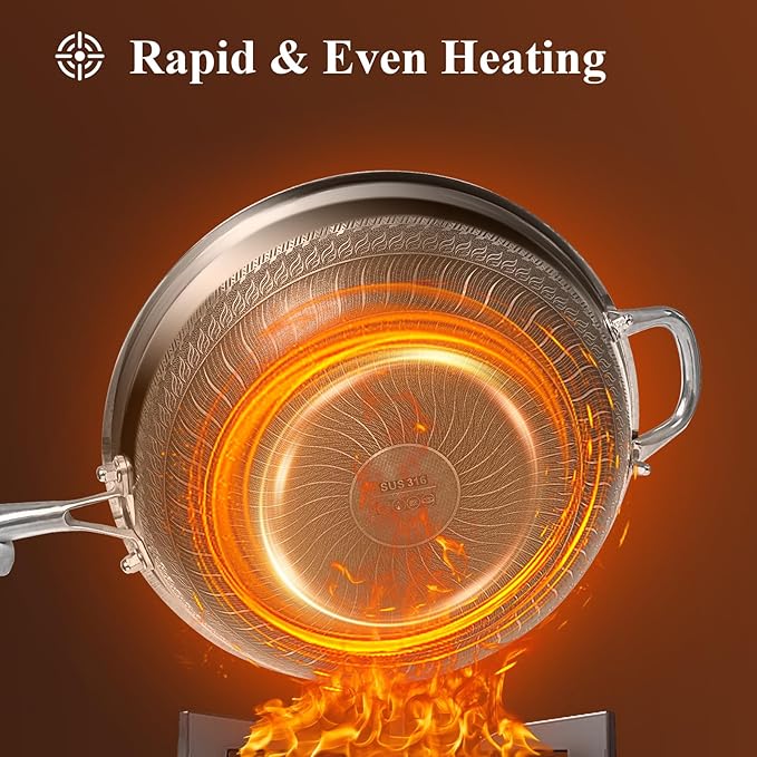 Wok, 12 Inch Stainless Steel Wok, Hybrid Nonstick Woks & Stir-fry Pans with Lid, Honeycomb Wok Pan with Stay-Cool Handle, Dishwasher and Oven Safe, PFOA Free Cookware