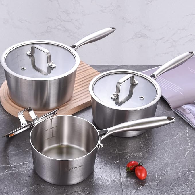 LOLYKITCH Whole Body Tri-Ply Stainless Steel Saucepan Set of 2,1QT & 3QT,Induction Pots,Saucepans with Lids,Oven and Dishwasher Safe.