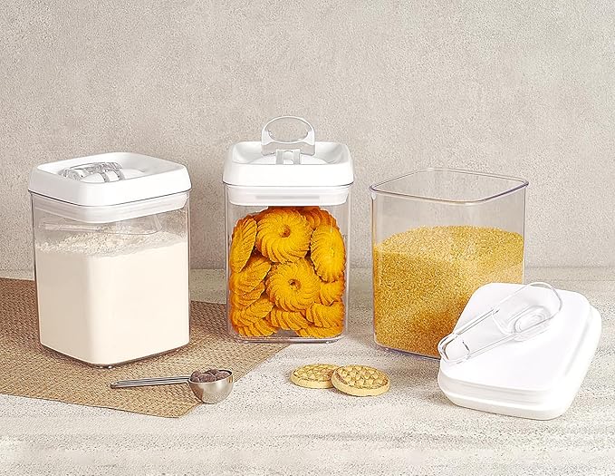 Felli Flip Tite Storage Container with Built-In Spoon & Airtight Lid 5” Large-M Ring Flip Top, Stackable Acrylic Canister for Rice Sugar Flour Protein Powder, Kitchen Pantry Organizer (1.8qt)