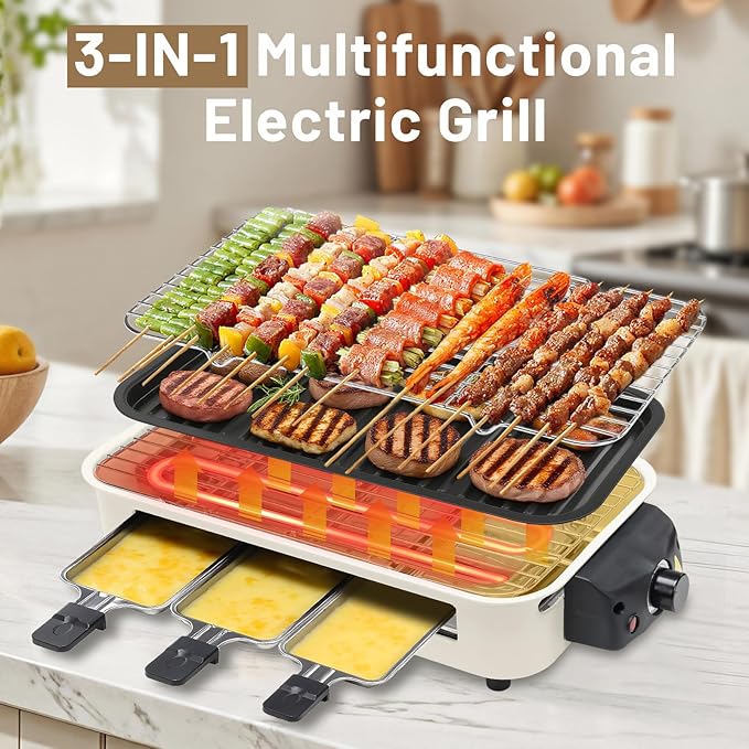 3-in-1 Indoor Smokeless Grill,Removable 18’’x 9’’Electric Griddle Nonstick with Temperature Control for Indoor Outdoor Family Party Kitchen Picnic Table