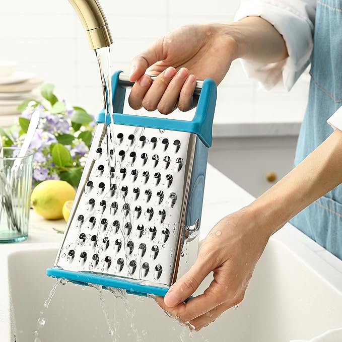 Spring Chef Handheld Stainless Steel XL Parmesan Cheese Grater with Handle - 4 Sided Metal Box Grater for Kitchen - Dishwasher Safe Potato Shredder for Hash Browns, Potato, Carrot, Vegetables - Teal
