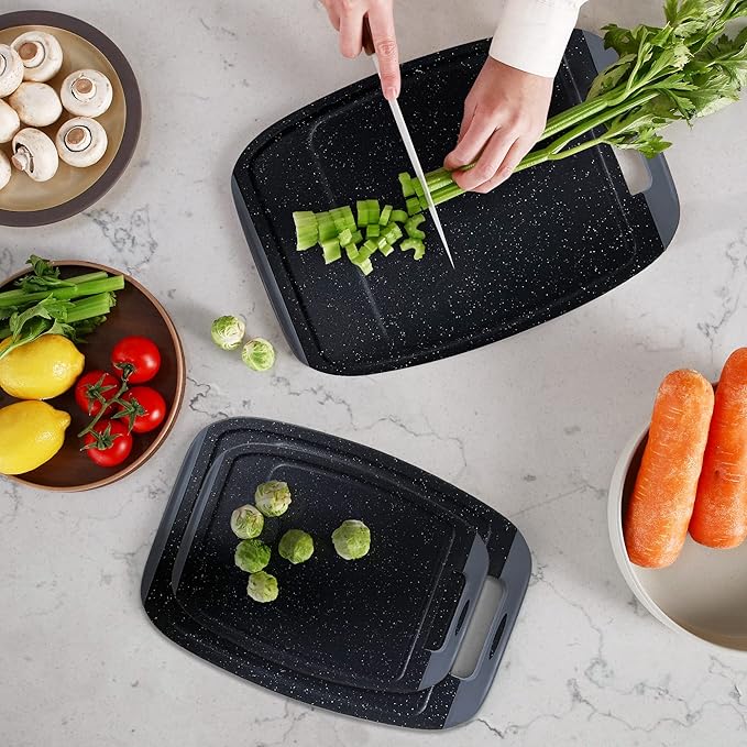 Neoflam Microban Antimicrobial Plastic Cutting Board 3 Sets, BPA Free, Non-Slip EZ Grip Handle, Dishwasher Safe, with Juice Groove