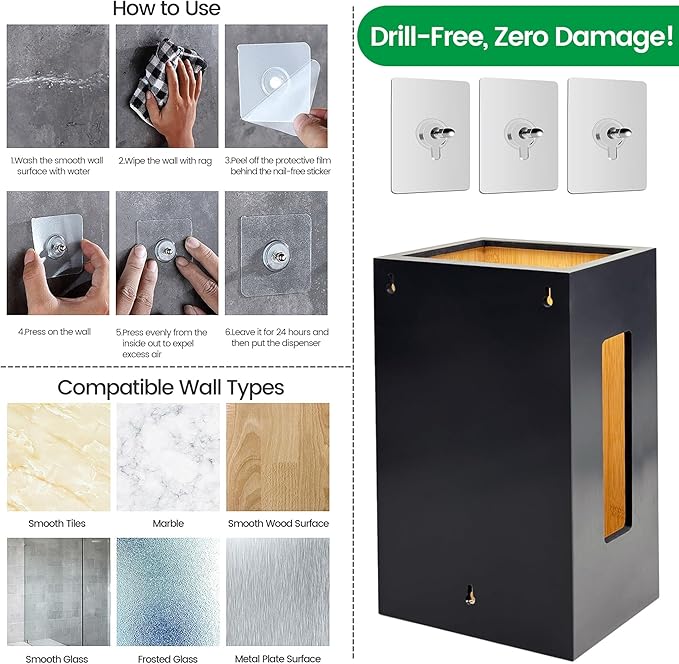 Extra Large Bamboo Plastic Bag Holder Black- Under Sink, Cabinet & Wall Mount Storage - Multipurpose Gorcery Bag Organizer with Space-Saving Design for Kitchen, Pantry, Bathroom, Garage